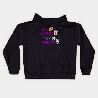 Arts Education Is Important with Purple Letters, Silver Gray Drama Masks, Artist Paint Palette, Ballet Shoes and Music Notes Kids Hoodie